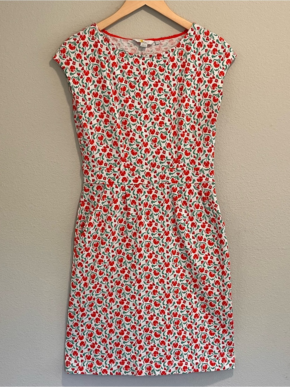 Boden Red White Jersey Floral Cap Sleeve Sheath Dress Pockets Size US 6 UK 10